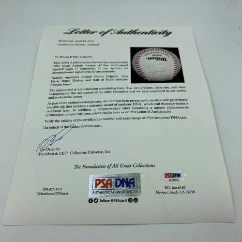 Изключителен Чиппер Джоунс, Бивш Новобранец All Star Team 1991 г., подписано Бейзболен договор PSA - Бейзболни топки с автографи