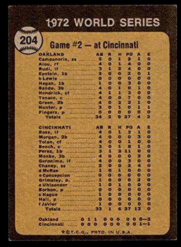 1973 Topps # 204 Световните серии 1972 - Игра # 2 - А Правят това две поредни Джони Пейка / Тони Перес / Майк Хиган / Дик Грийн Окланд / Синсинати Атлетикс / Червени (Бейзболна карт