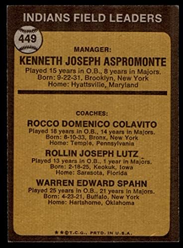 1973 Лидери Topps 449 ORG Индианците Кен Аспромонте / Роки Колавито / Джо Латц / Уорън Спан Индианците Кливланд