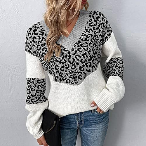 Леопардовый пуловер жилетки за жени V образно деколте с дълъг ръкав мода случайни цвят блок трикотажни блузи жилетка
