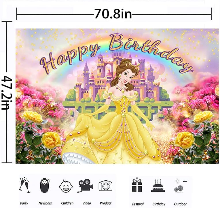 На фона на Принцеса Бел за Украса на парти по случай рожден Ден, Жълто Знаме Красавицата и Звярът, за парти в чест на детската душа, 6x4ft