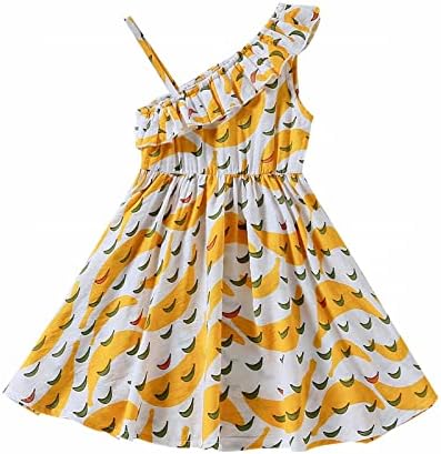 Бебешка рокля KAGAYD за момичета, Дантелено рокля с принтом на наклонени рамене, Дрехи за момичета от 4 до 8 години, Празнична рокля за момичета (Жълто, 4-5 години)