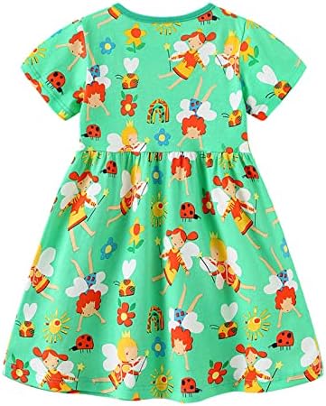KAGAYD/Игри за малки момичета, Лятото Вязаное Принцеса рокля с Анимационни принтом, Пуловер с кръгло деколте, рокля с къс ръкав (Зелено, 5-6 години)