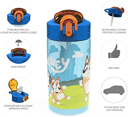 Комплект бебешки бутилки за вода Zak Designs Дисни Frozen 2 с повторна употреба Соломинками и траен Пластмасов капак за чучур Bluey Kids и вградена линия за пренос (16 унция, комп?
