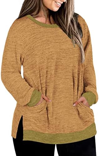 DOLNINE Женски-Големи размери-Блузи, Блузи с дълъг ръкав, Туники с цепка отстрани и джобове