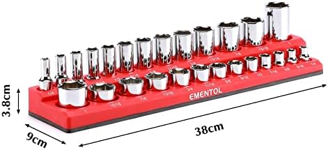 Органайзер за магнитни контакти EMENTOL 3/8 SAE -Червен, с Капацитет 13 Стандартни (плитки) и 13 дълбоки контакти, Магнитен държач за кутии с инструменти